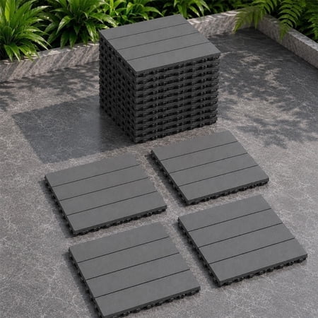 44 Pack Wood Grain Plastic Interlocking Deck Tiles, 12 x 12 in Waterproof PP Outdoor Flooring, Snap Together Patio Tiles, Covers 44 sq ft