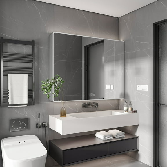 Wohh Aluminium Medicine Cabinet Mirror, 35 x 28 Inches Medicine Cabinet with 3 Colors LED Light and Defogging Function, Bathroom Mirror Cabinet with Cosmetic Storage Rack and Hair Dryer Holder, Grey