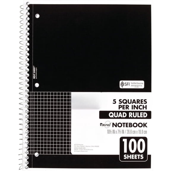 Spiral Notebook, 1 Subject, Graph Paper, 7-1/2" x 10-1/2", 100 Sheets