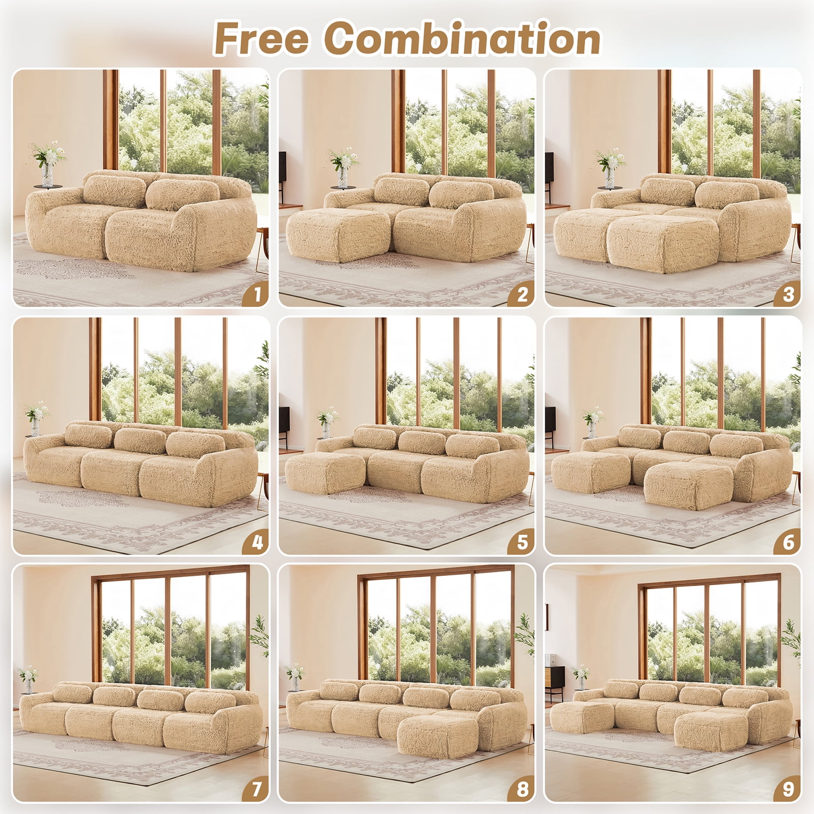 ZenNook 115" Sectional Couches for Living Room, Comfy Boneless Couch, 3 Seater Cloud Sofa, Compressed L Shaped Couch with Ottoman, Modern Modular Sectional, Plush Floor Sofa, No Assembly (Camel)