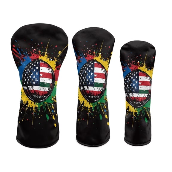 Uorisanigo Golf Club Covers for Driver Fairway 3 Pcs Woods Headcovers Women Men - Premium PU Leather Inked American Flag Golf Ball Hybrid Headcover - Protection for Golfs Club Heads