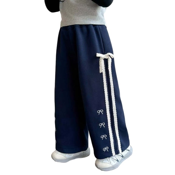 Girls Wide Leg Sweatpants Elastic Waist Lace Patchwork Bow Trousers Spring Fall Casual Stylish Loose Pants (140, Navy)