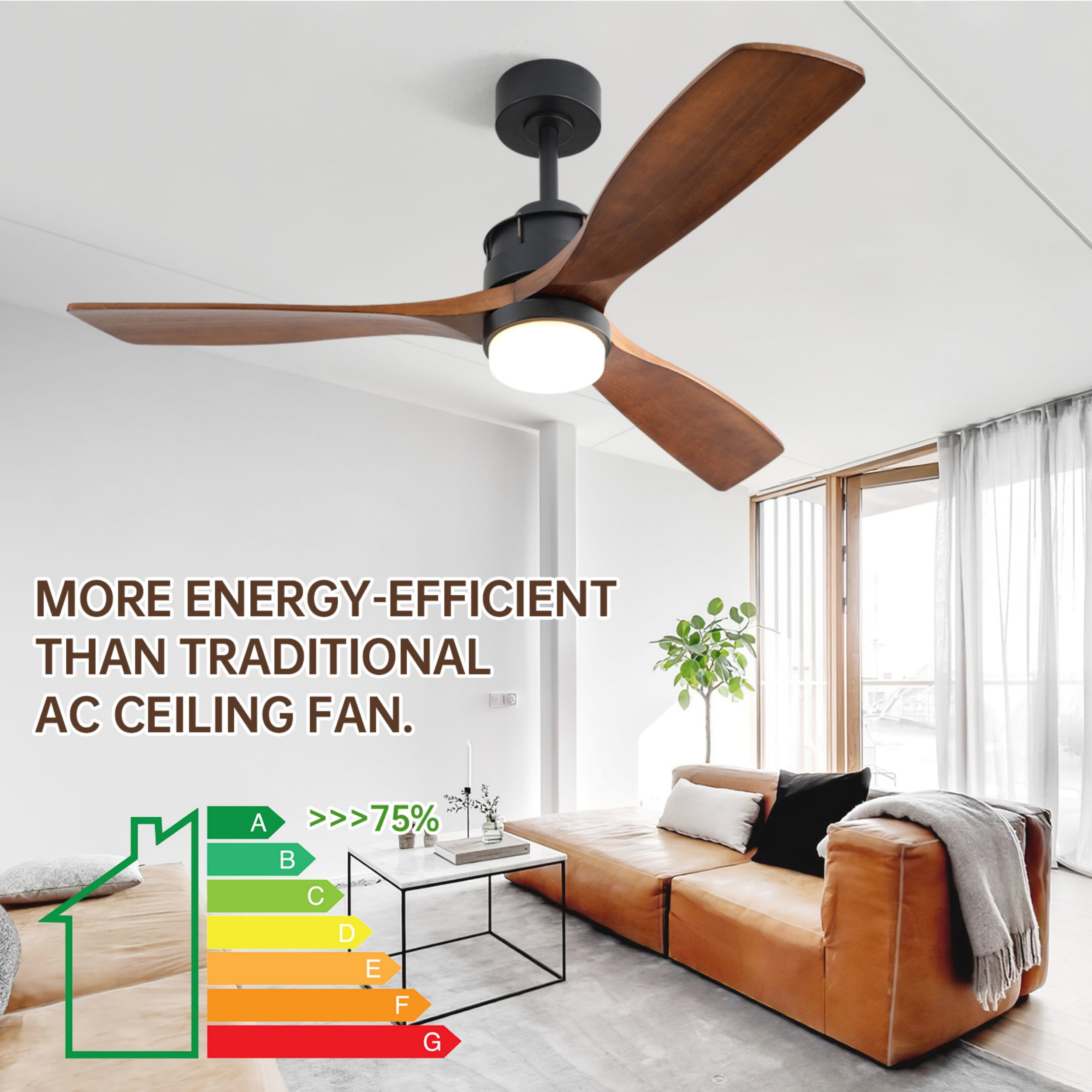 Sofucor 60 Inch Ceiling Fans with Lights and Remote Control, Modern Solid Wood Outdoor Ceiling Fan with Light for Bedroom Living Room Indoor Farmhouse Patio, Quiet DC Motor
