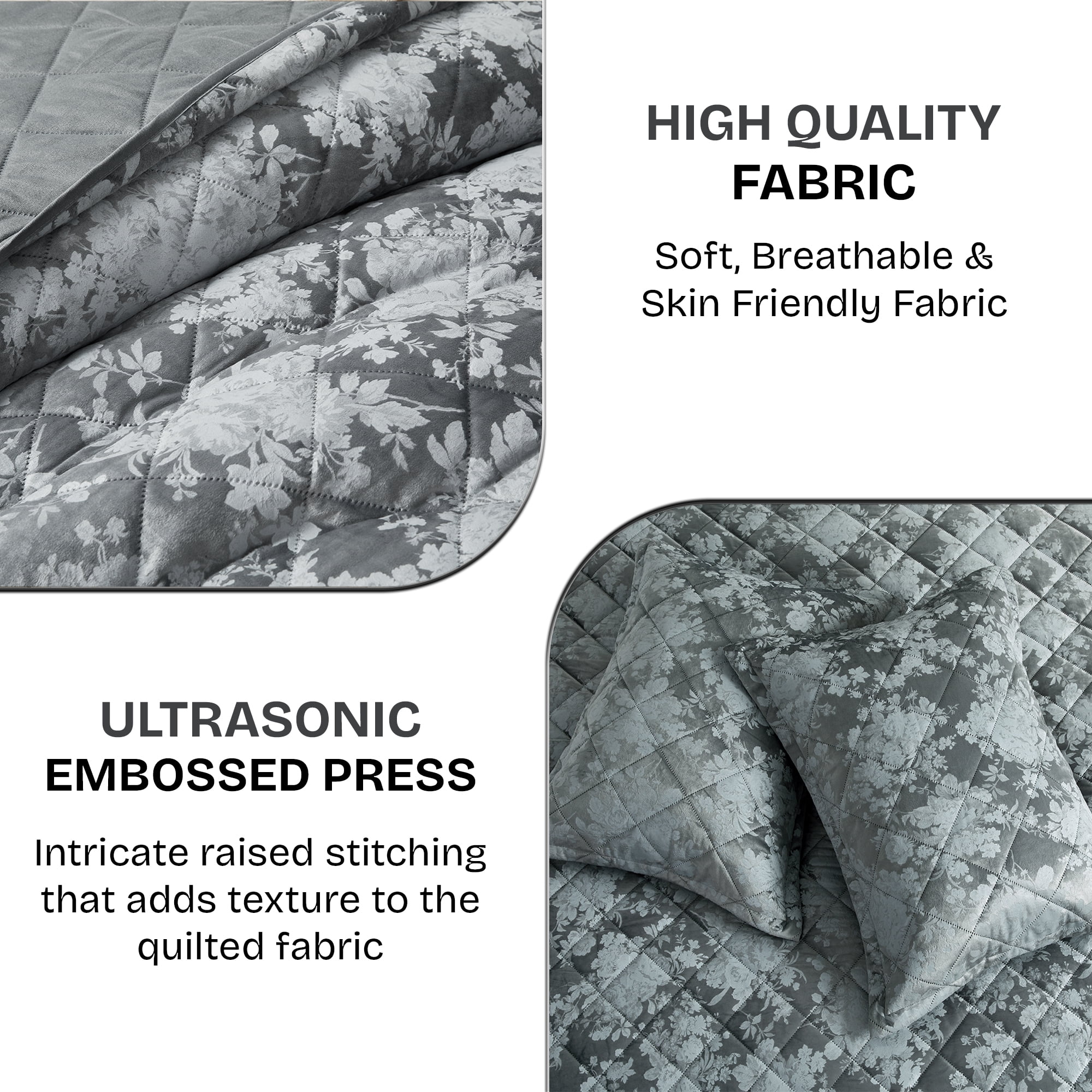 Ameha Luxury Velvet Quilt Floral Diamond Pattern 3-Piece Set Ultrasonic Embossed Bedding Set Ultra Soft Reversible Bedspread Queen Size Grey