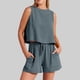 thumbnail image 1 of ICHUANYI Clearance 2PC Fashion Woman Round Neck Solid Sleeveless Blouse +Loose Cotton Linen Pockets Pants Short Sets(Gray, L) ICHUANYI WER2023080915562, 1 of 8