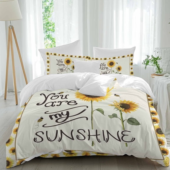 Farmhouses Sunflowers Queen Size Comforter Set, You Are My Sunshine Floral Border Bedding for All Seasons, 4 Pcs Bed Set, 1Quiltcover (90"x92") ,1Sheet(94"x116"), 2Pillowcases (30"x20")