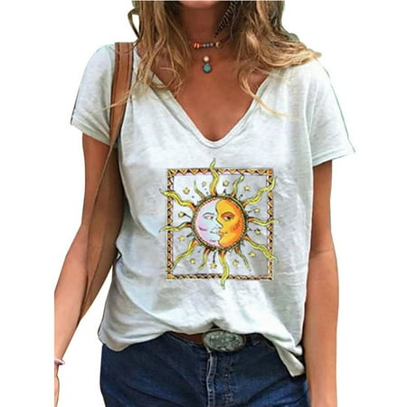 

TZNBGO Women s Digital Printed Shirts Tunic Tops Women Short Sleeve Sunshine And Moon V Neck T-Shirt Tops Elegant Moon Casual T-Shirt Top White Xl Sleeveless Tops For Women Bra Tops For W141567