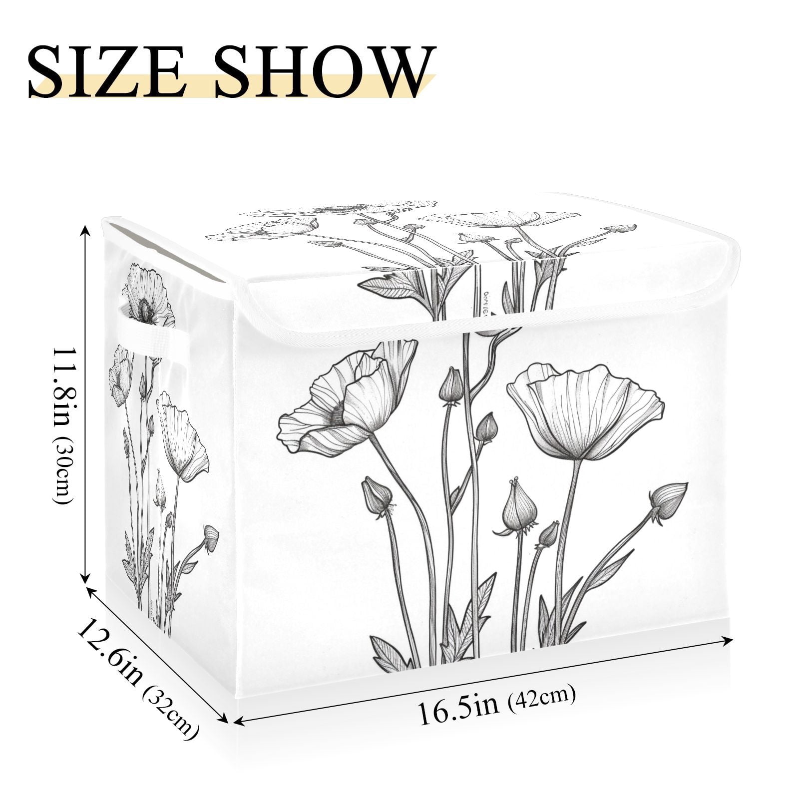 Black Line Flowers Storage Basket for Shelves Foldable Container Organizer for Organizing Toys Clothes Books with Handles