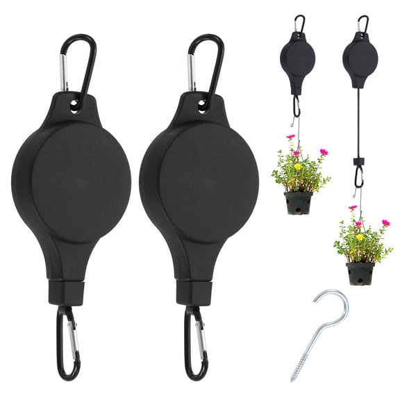 Retractable Plant Pulley Heavy Duty Plant Hanger with D Clip for Flower Baskets Black, 2 Pcs
