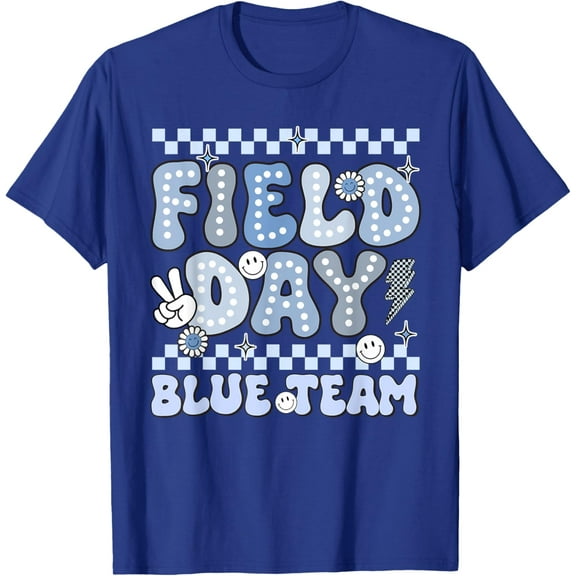 Field Day Blue Team Groovy Smile Face Checkered Students T-Shirt Unisex S-5XL Hot Trending Shirt, Vintage Birthday Gift