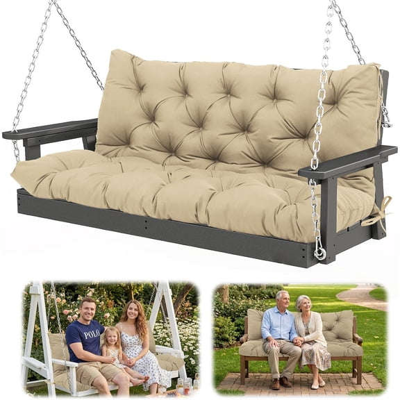 60x40 in Replacement Swing Cushions for Outdoor Furniture,2-3 Seater Waterproof Porch Bench Cushions with Ties and Backrest - 5" Thick Patio Swing Chair Cushion for Garden Backyard(Khaki)