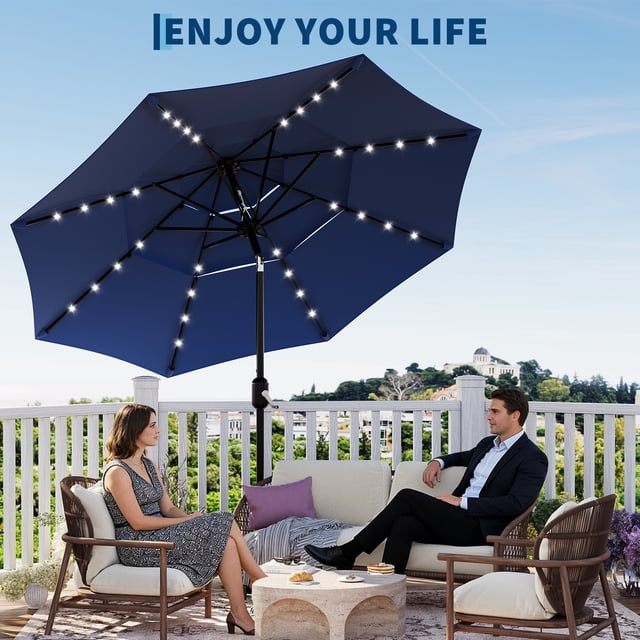 Edtara Outdoor 10ft Patio Umbrella Includes 3-Tier Solar-Powered Led Lighting, a Vented Canopy, Easy Crank Lift, Push Button Tilt, and 8 Sturdy Ribs for Relaxing Shade By The Pool, Deck, or Yard