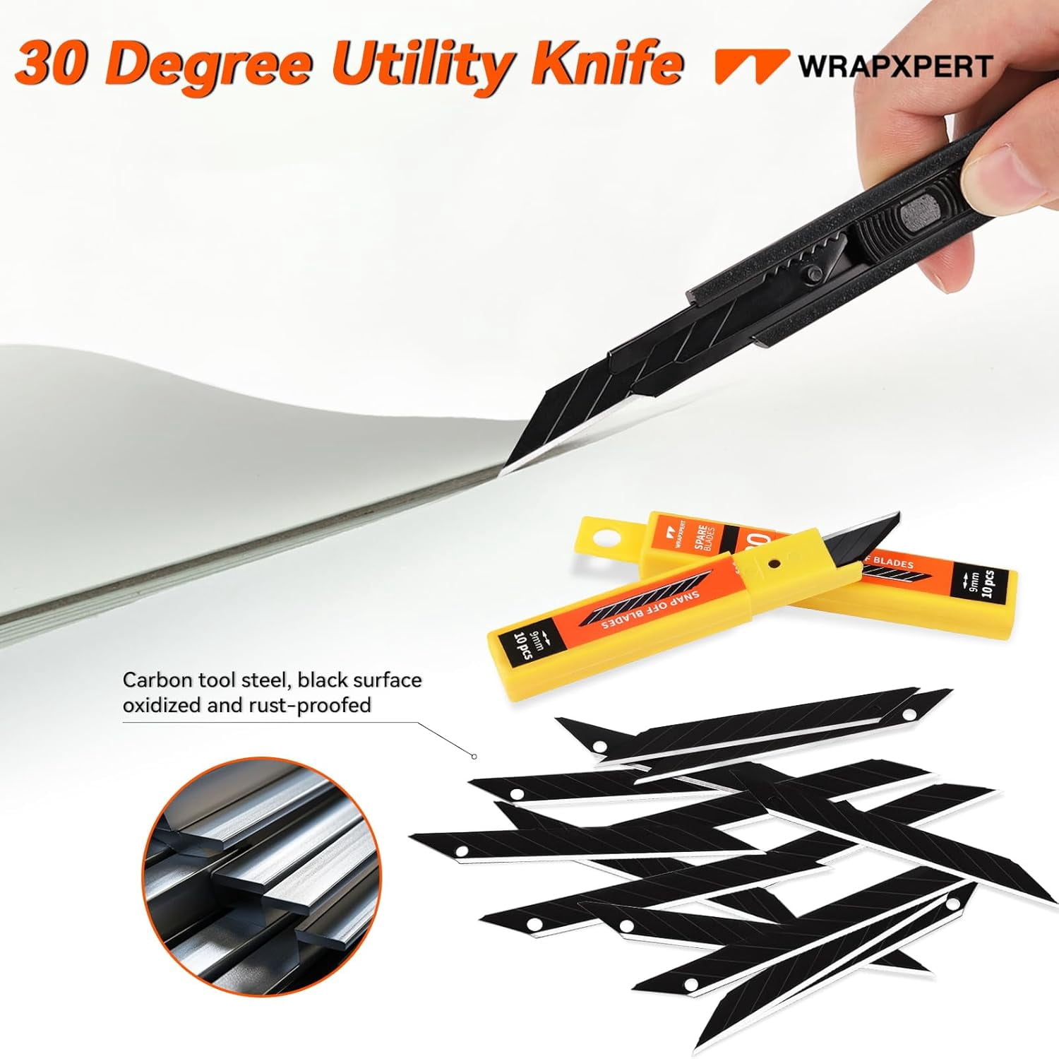 Utility Knife Retractable with 30 Degree Snap Off Blade,Box Cutter for Carton,Razor Knife Exacto Craft,3 Pack Retractable Knife for Office,Home Use,with 30 Extra 9mm Blades