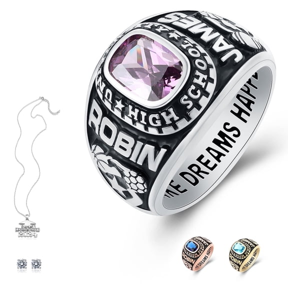 Ccjcinata Customized Sterling Silver High School and College Class Ring for men pride ring graduation rings Classic Collection Fully Personalized (Sterling Silver - Platinium)