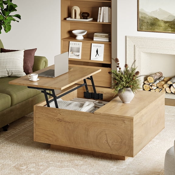 GUNAITO Lift Top Coffee Table with Storage, Square Coffee Table and Modern Farmhouse Center Table for Living Room, Natural wood color