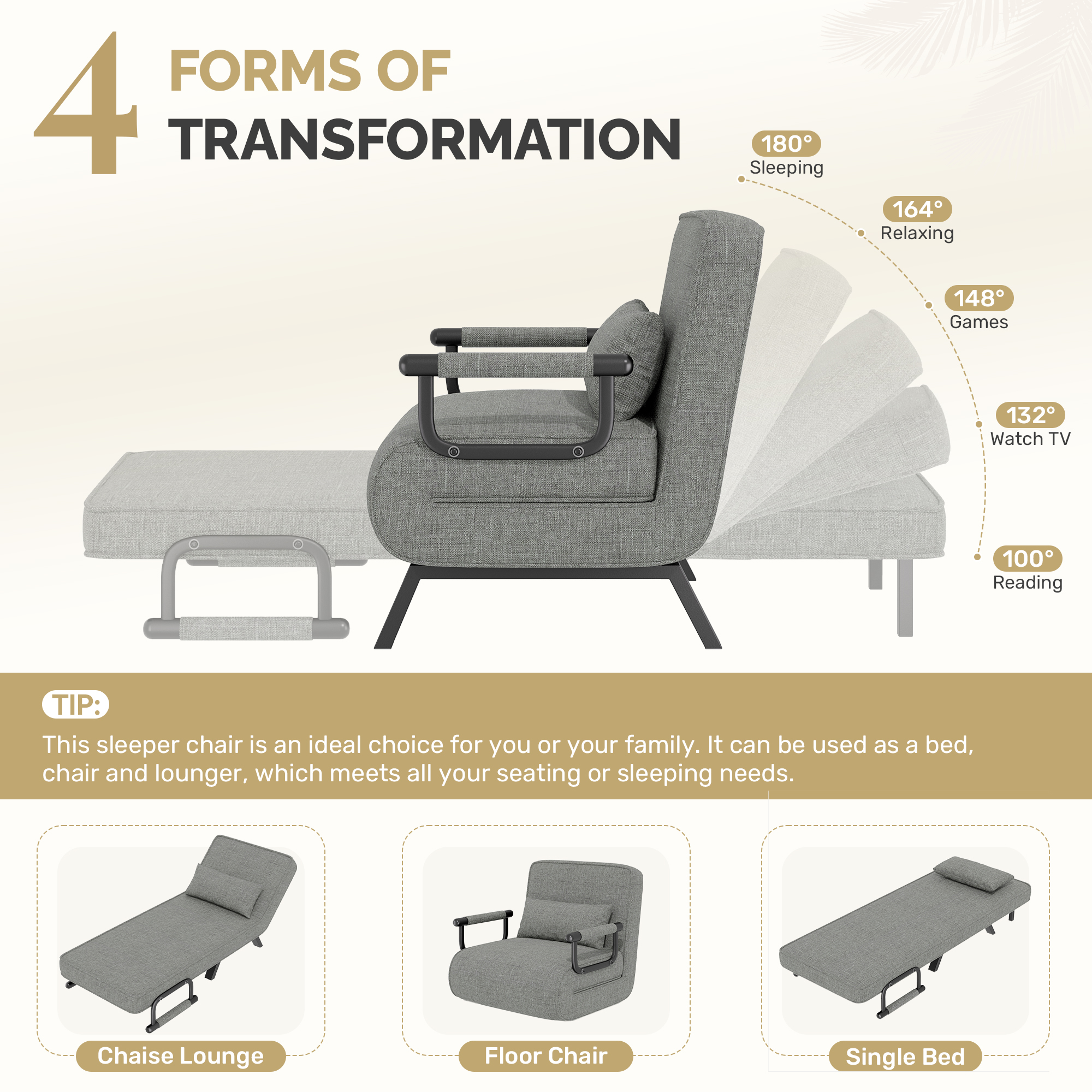 Daluvenix 4 in 1 Convertible Sofa Bed Sleeper Chair with a Pillow, 5 Position Modern Single Person Chaise Lounge Couch , Linen Folding Bed for Living Room Office, Dark Grey