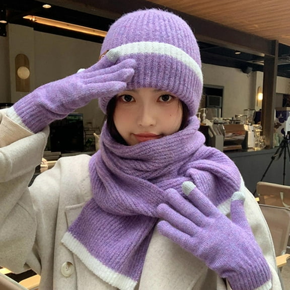 Winter Hats for Women Fleece Lined Beanie Knit Chunky Snow CapWinter Knitted Wool Hat Female Cold-proof Warm Hat Scarf Gloves Three-piece Set Fashionable All-match Ear Protection Pullover Hat Purple