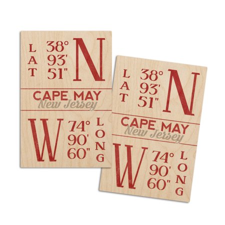 

Cape May New Jersey Latitude and Longitude Red (4x6 Birch Wood Postcards 2-Pack Stationary Rustic Home Wall Decor)