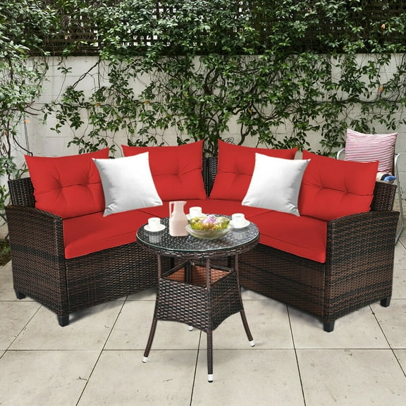 Gymax 4PCS Patio Furniture Set Outdoor Rattan Sectional Sofa Set w/ Red Cushions