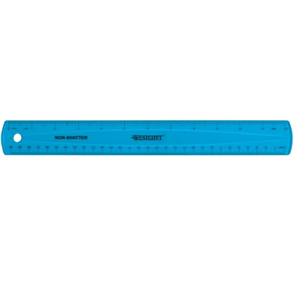 Westcott Shatterproof Ruler, 12", Plastic, Metric/Imperial, Middle School, Multicolor, for School, 1-Count