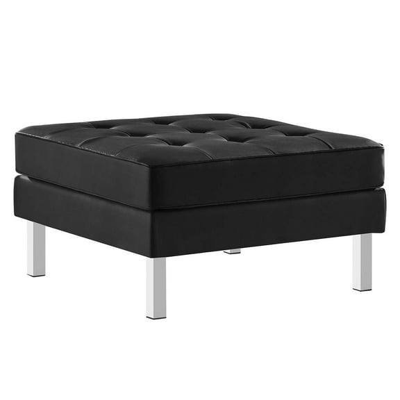 Modway Loft Tufted Vegan Leather Upholstered Living Room Ottoman in Silver Black
