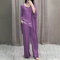 thumbnail image 2 of qolati Womens 2 Piece Outfits Dressy Pant Suits for a Wedding Casual Satin Irregular Hem Chiffon Blouse and Wide Leg Pant Sets 2024 Lounge Matching Sets, 2 of 5