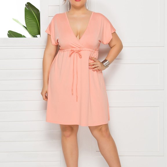 PInxai Summer Dresses for Women Plus Size Deep V Neck Short Sleeve Drawstring Waisted Dresses Loose Loungewear Midi Dresses