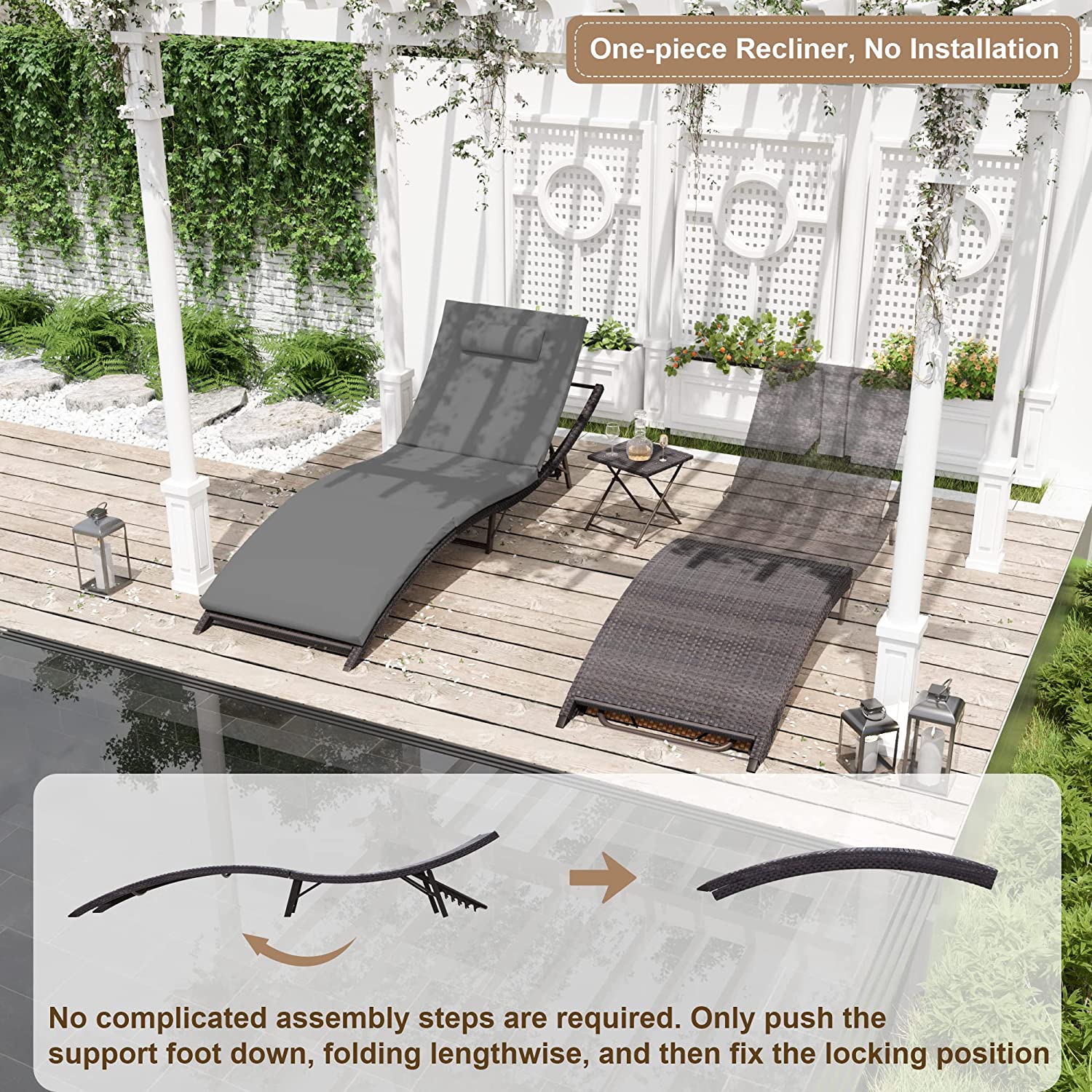 Kullavik Patio Chaise Lounge Set 3 Pieces Outdoor Lounge Chair Outdoor Wicker Lounge Chairs with Table Folding Chaise Lounger for Poolside Backyard Porch,Grey - image 5 of 7