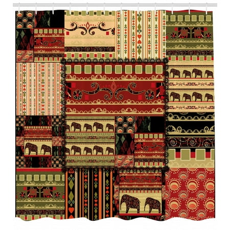 African Shower Curtain, Patchwork Style Asian Pattern with Elephants and Cultural Ancient Motifs Print, Fabric Bathroom Set with Hooks, Red Green Black, by (Best Ass In Africa)
