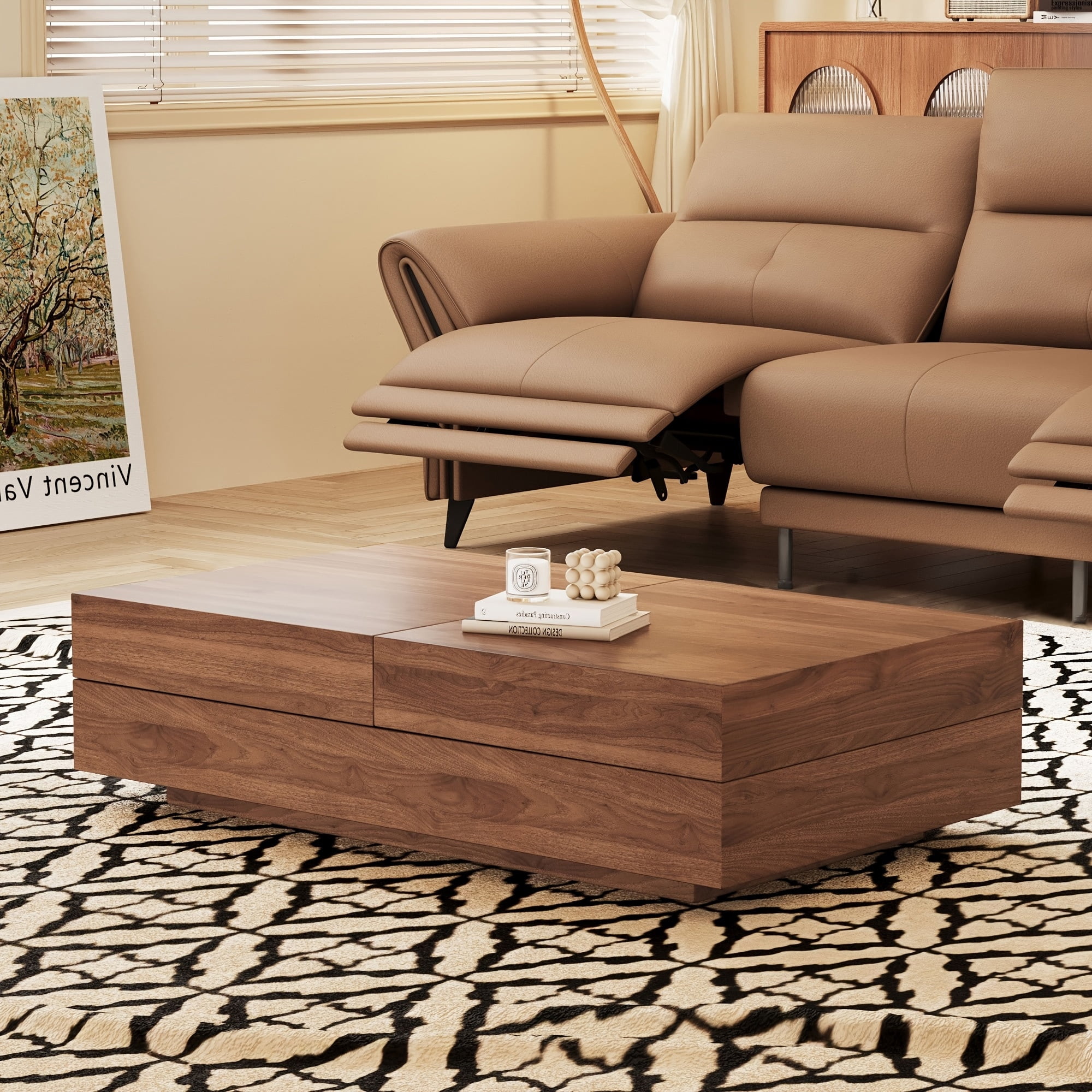 NessCarsti Mid-Century Modern Farmhouse 47.2-81.8" Expandable Coffee Table, Adjustable Center Table with Large Storage for Living Room, Walnut
