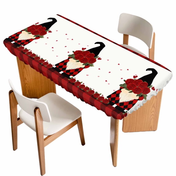 Red Valentine's Day Table Cloths for 5 Foot Rectangle Tables, Roses Gnomes Love Heart Plaid Patio Waterproof Elastic Fitted Tablecloths, Washable Rectangular Table Cover for Camping