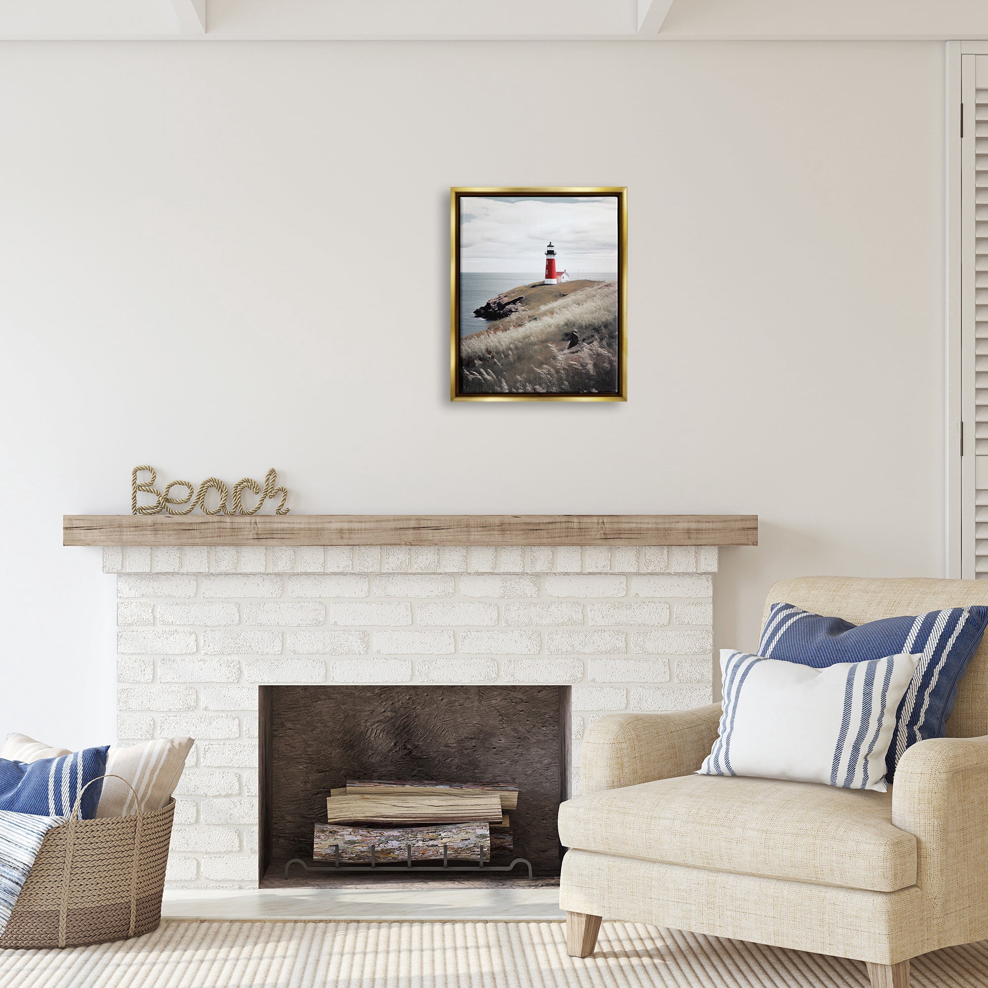 Stupell Industries Red Lighthouse Landscape Landscape Photography Gold Floater Framed Canvas Art Print Wall Art, 17 x 21