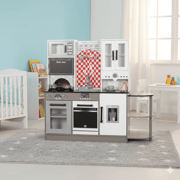 BRINJOY Kids Wooden Kitchen Playset 3-Stage with Curtains, Sound & Light Coffee Maker, Storage Shelf & Utensils, Adjustable Pretend Play Toy Ages 3