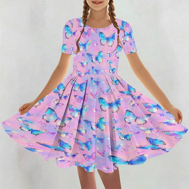 LOVZFMLL Robe d'Été Mode pour Filles Petite Manche Volante Col Rond Perles Brodées Robe Sans Manches