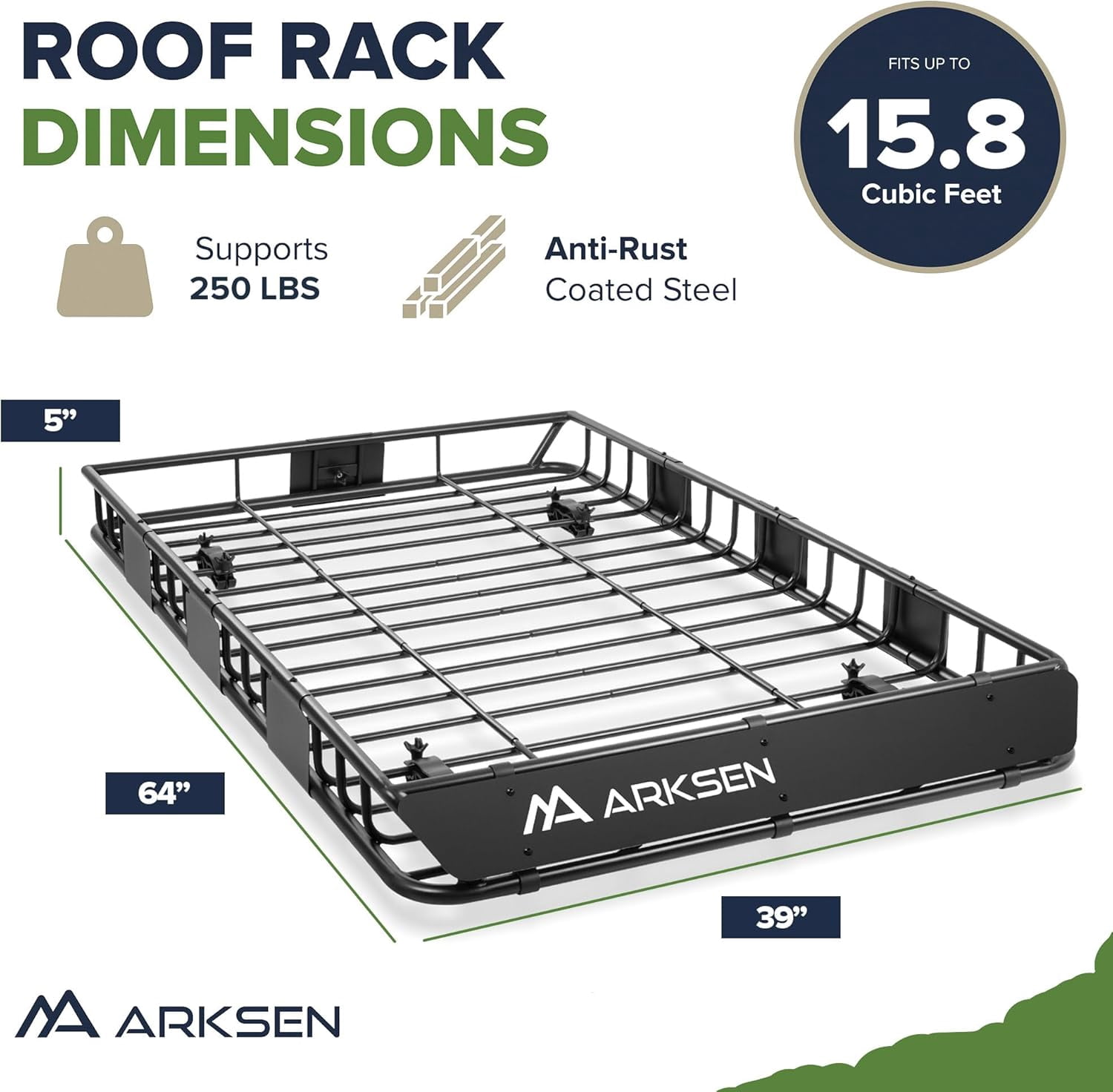 ARKSEN 64 x 39 x 5 Inch Upgrade Universal Roof Rack with Waterproof Bag, Cargo Net & 2 Ratchet Straps - 150Lbs Capacity Heavy Duty Cargo Carrier with Extension for Car, SUV & Pickup