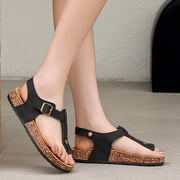 CKWLXQY Leather Thong Cork Sandals for Men & Women, Water-Resistant Flip Flops with Cork Footbed & Memory Foam, Adjustable Double Buckle Open Toe Summer Slides
