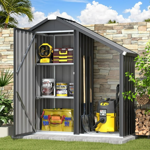 YODOLLA Outdoor Storage Cabinet with Shelves and Lean to Open-Sided Firewood Racks, Metal Storage Shed Organizer for Garden & Patio in Grey