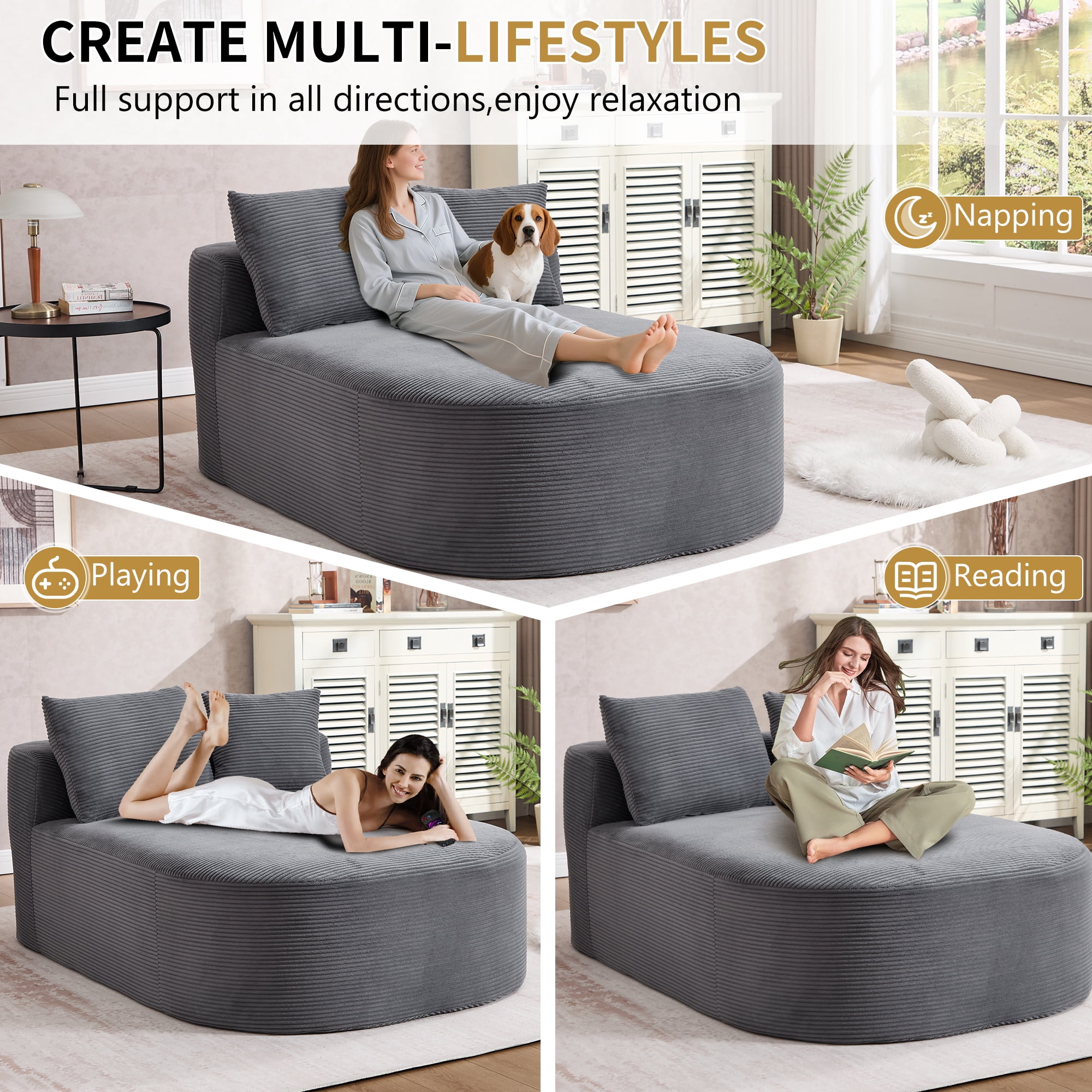 BSHTI 67.5" Corduroy Oversized Sleeper Sofa, 46" Wide Seat Chaise Lounge with 2 Soft Pillows, Convertible Boneless Sofa Bed for Living Room, Deep Seat, Dark Grey, No Assembly Required