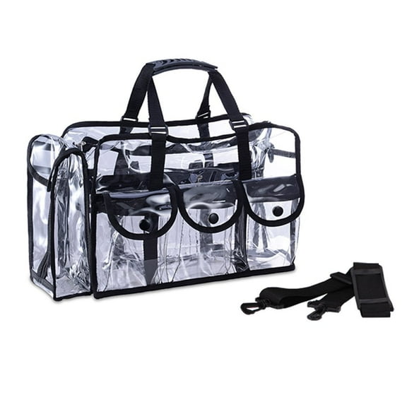 Clear PVC Travel Makeup Cosmetic Bag with 6 External Pockets and Shoulder Strap, Black Trim