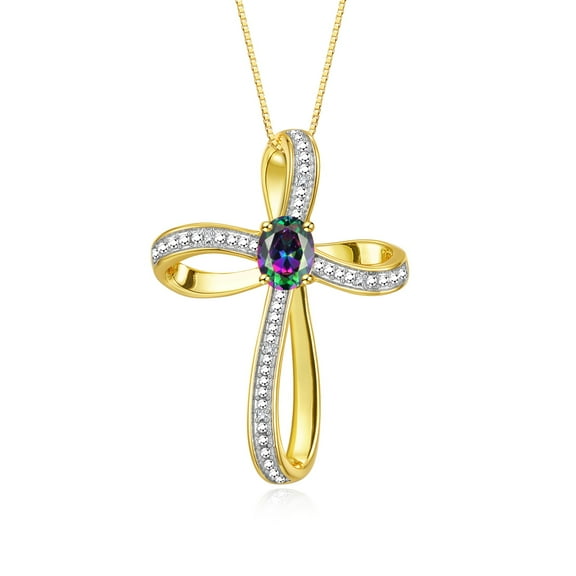 RYLOS Necklace Yellow Gold Plated Silver 925 Cross Necklace Gemstone & Diamonds Pendant With 18" Chain 8X6MM Alexandrite June Birthstone Womens Jewelry Silver Necklace