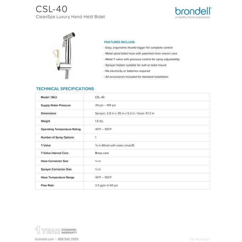 Brondell CleanSpa Luxury Handheld Bidet