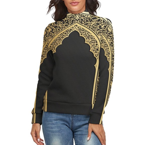 Islamic Pattern Women's Turtleneck Sweater Long Sleeve Ribbed Fitted Turtle Neck Casual Fall Winter Collection Top S