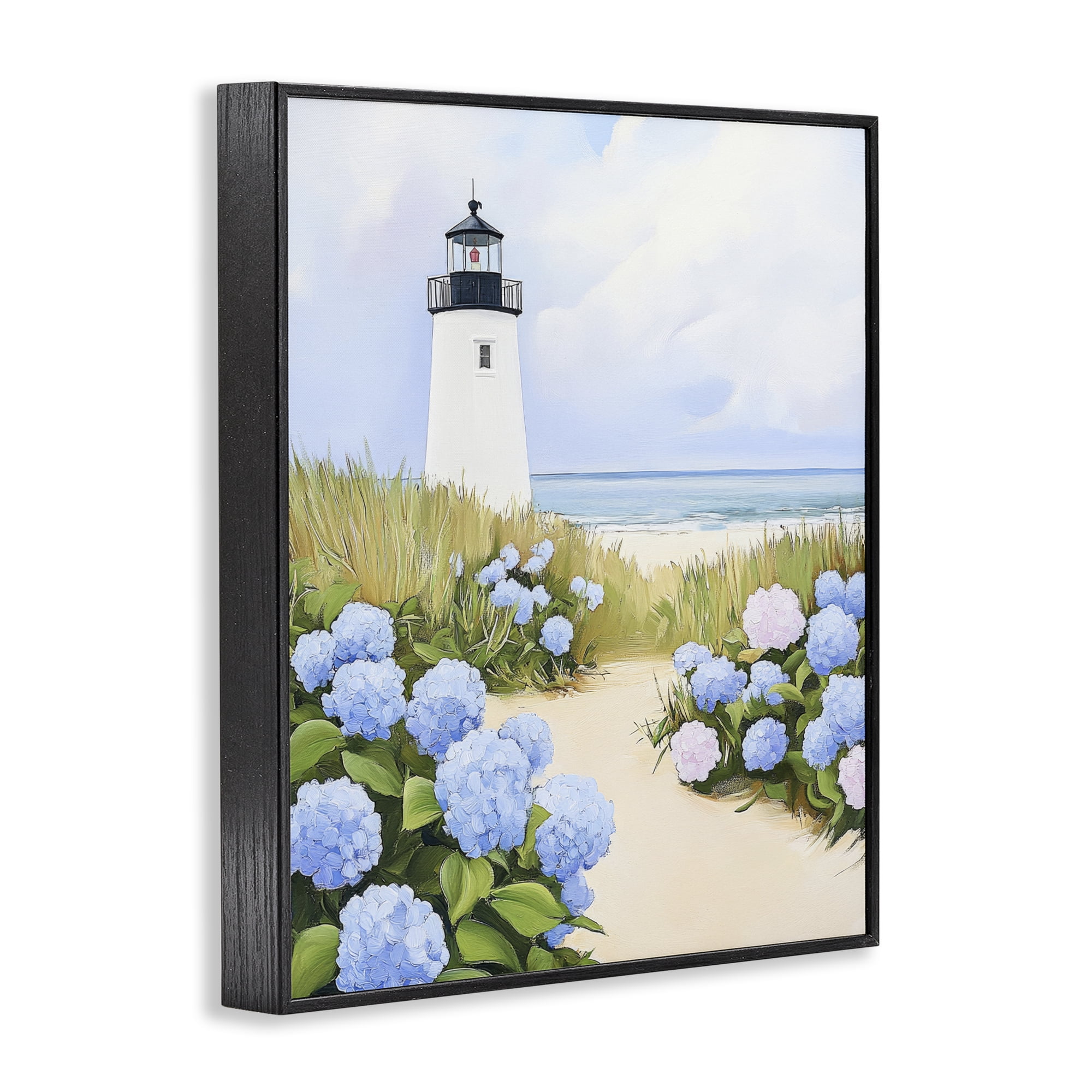 Stupell Industries Hydrangea Path Leading to Lighthouse Black Framed Giclee Art, design by Sisi and Seb