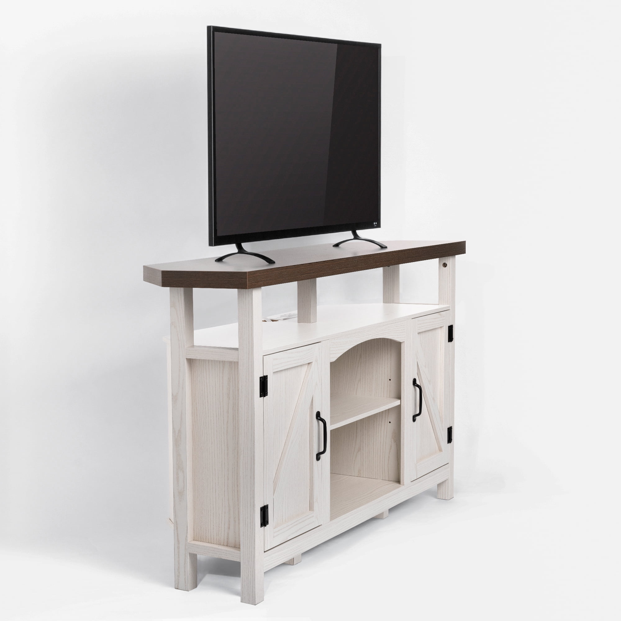 StorageWorks Farmhouse Corner TV Stand for TVs up to 60", Entertainment Center with Sliding Barn Doors and Storage Cabinets, Oak White