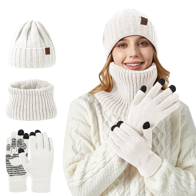 Knitted Hat And Scarf Set Unisex Winter Warm Snowflake Design Large Head Coverage Soft Yarn Accessories