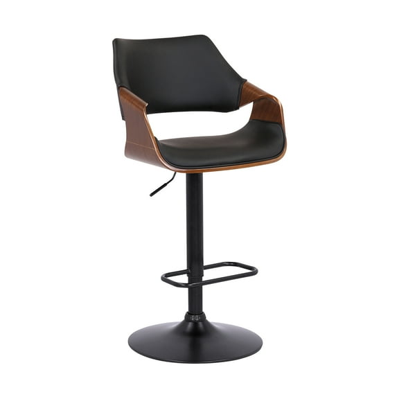 Armen Living Indoor Aspen Adjustable Swivel Black Faux Leather and Walnut Wood Bar Stool with Black Base