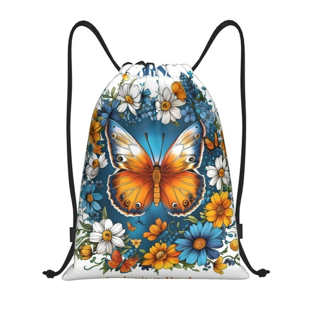 Fotbe Spring Butterfly Flowers Bolsa Mochila con Cordón Estampada, Bolsa de Gimnasio Deportiva, Bolsa Cinch, Bolsa con Cordón para Hombres y Mujeres-Medium