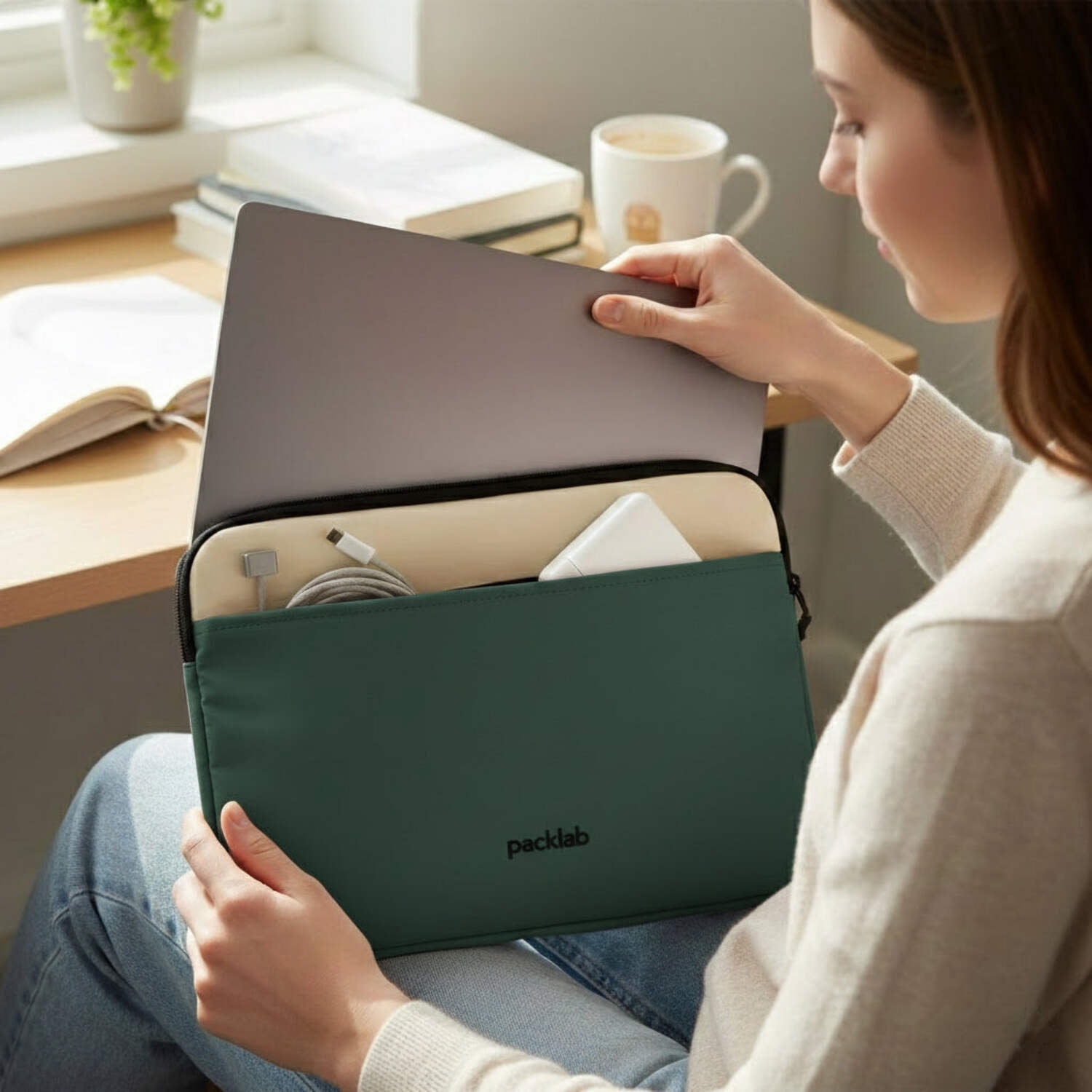 packlab Cream and Green Laptop Sleeve with Pocket – Slim Padded 14 Inch Computer Case for Work, Travel, and Everyday Carry