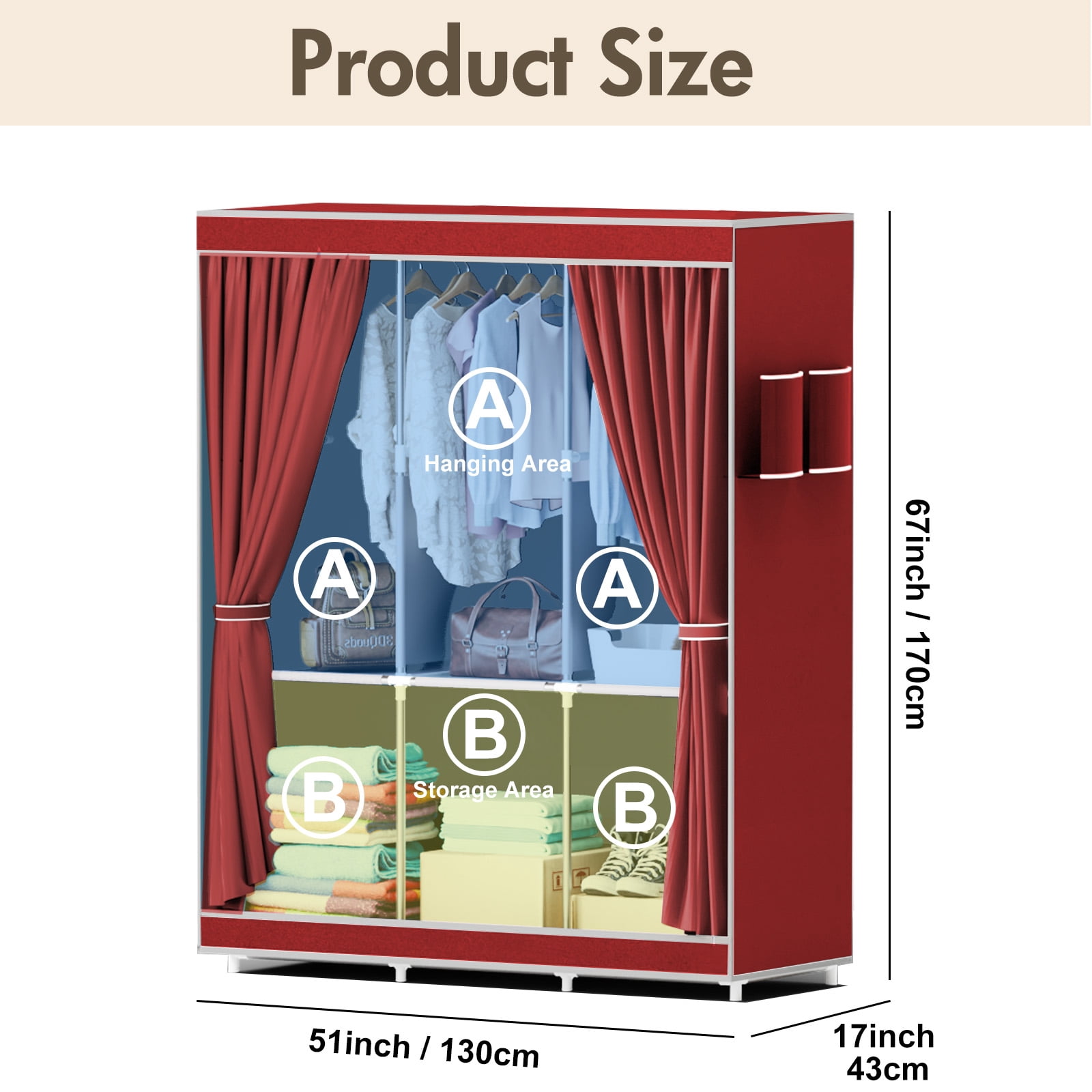 Portable Closet Storage for Home Bedroom, Non-woven Fabric Wardrobe Closet and Organizers and Storage, Dustproof Clothes Rack Shelf, Red