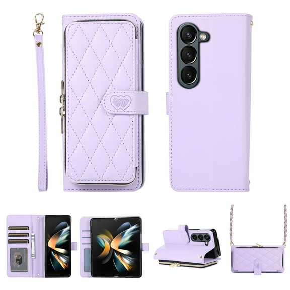 SaniMore for Samsung Galaxy Z Fold 5 Buisness Case, Zipper Purse [Card Holders] Magnetic Clasp Kickstand Wrist/Crossbody Chain Lanyard PU Leather Wear-resistant Full Protective Wallet Shell, Purple